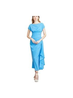 Lela Rose Blue Textured Crepe Side Ruched Midi Dress Size 6
